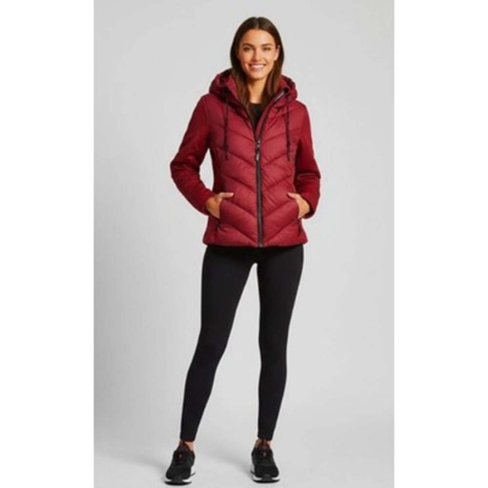 DKNY Sport Womens Hooded Mixed Media Puffer Jacket Burgundy Red 1889464